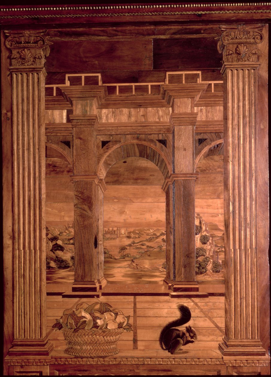 O Estudo de Federigo da Montefeltro, Duque de Urbino: painéis intarsia representando uma extensa paisagem vista através dos arcos de um terraço arqueado, desenhado por Baccio Pontelli (d.1492) de Baccio Pontelli