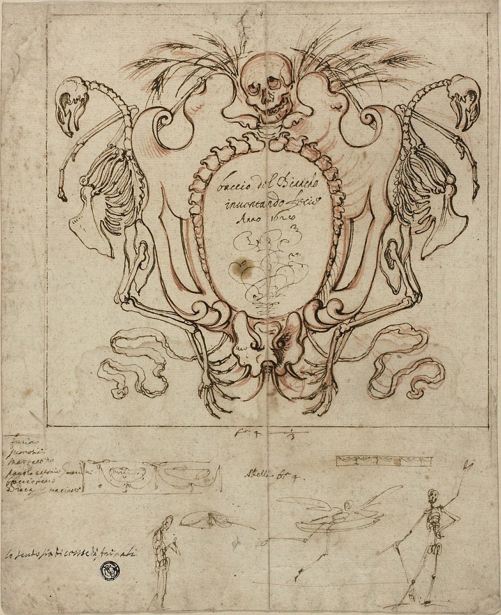 Cártula fúnebre com inscrição e esboços de esqueletos e detalhes ornamentais de Baccio del Bianco