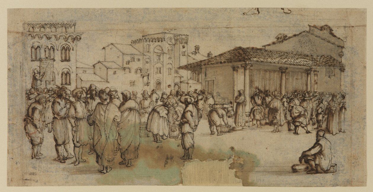 Praça do mercado em Florença, com figuras (giz, caneta e tinta, e lavagem em papel) de Baccio del Bianco