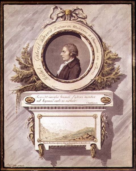 Michel Gabriel Pacard, Doutor de Chamonix, Savoie com vista para o Mont Blanc do vale de Sallenche, século XVIII (wc) de Bailer Dalbe