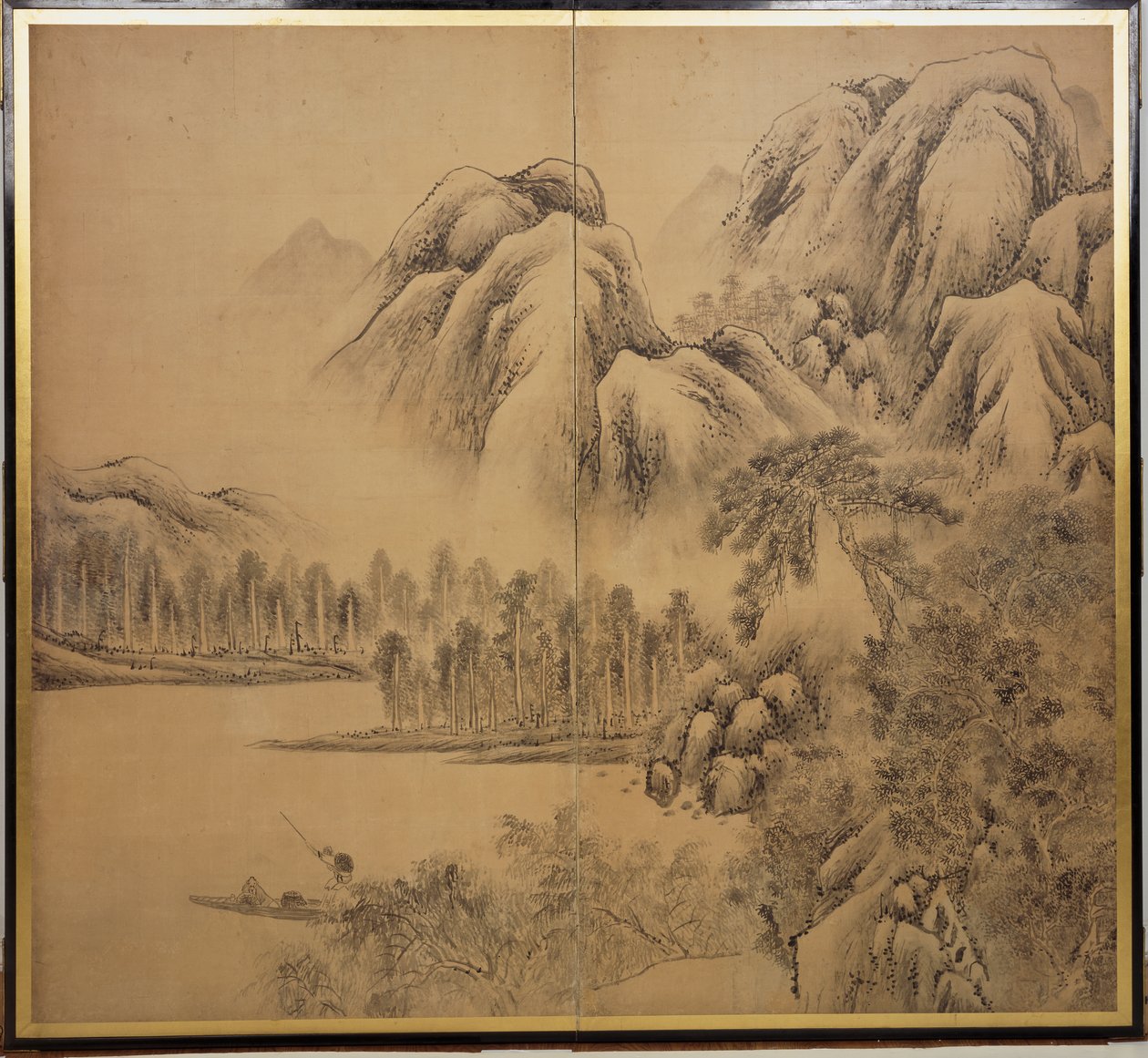 Cena de paisagem de montanhas e lago,
década de 1780 (Par de biombos; tinta e ligeira
cor sobre papel) de Baitei Ki