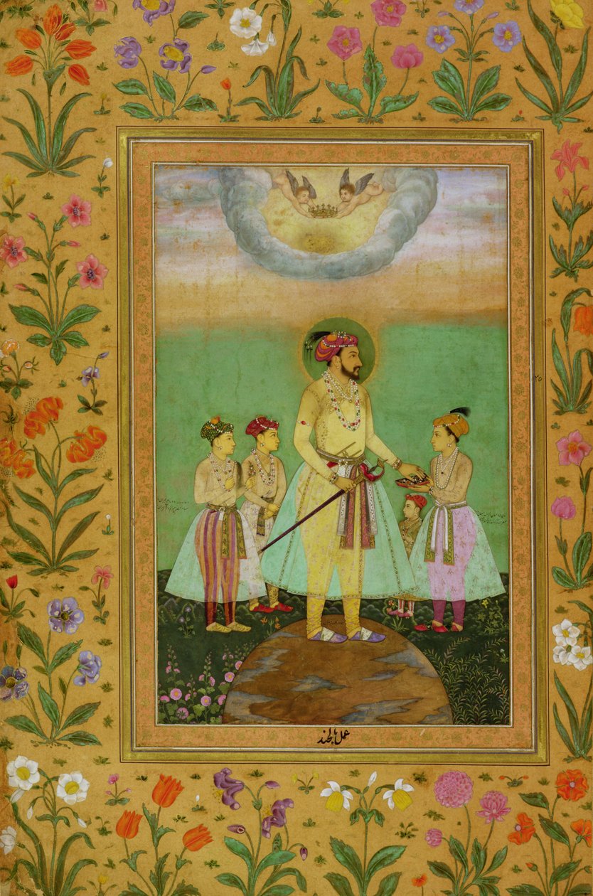 Shah Jahan (1592-1666) está em um grande globo cercado por seus quatro filhos, do Álbum Minto de Balchand