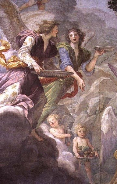 Cristo servido por Anjos, detalhe de anjos e querubins de Baldassare  Franceschini