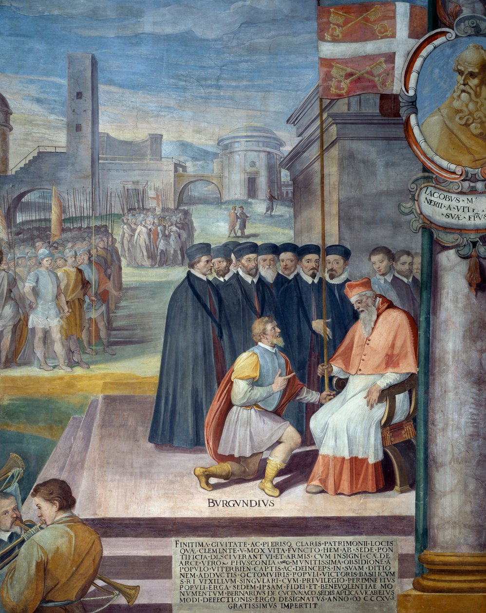 Bernard de Coucy, reitor do Património, dando à cidade de Viterbo o padrão da Igreja, fresco de Baldassarre Croce de Baldassare Croce