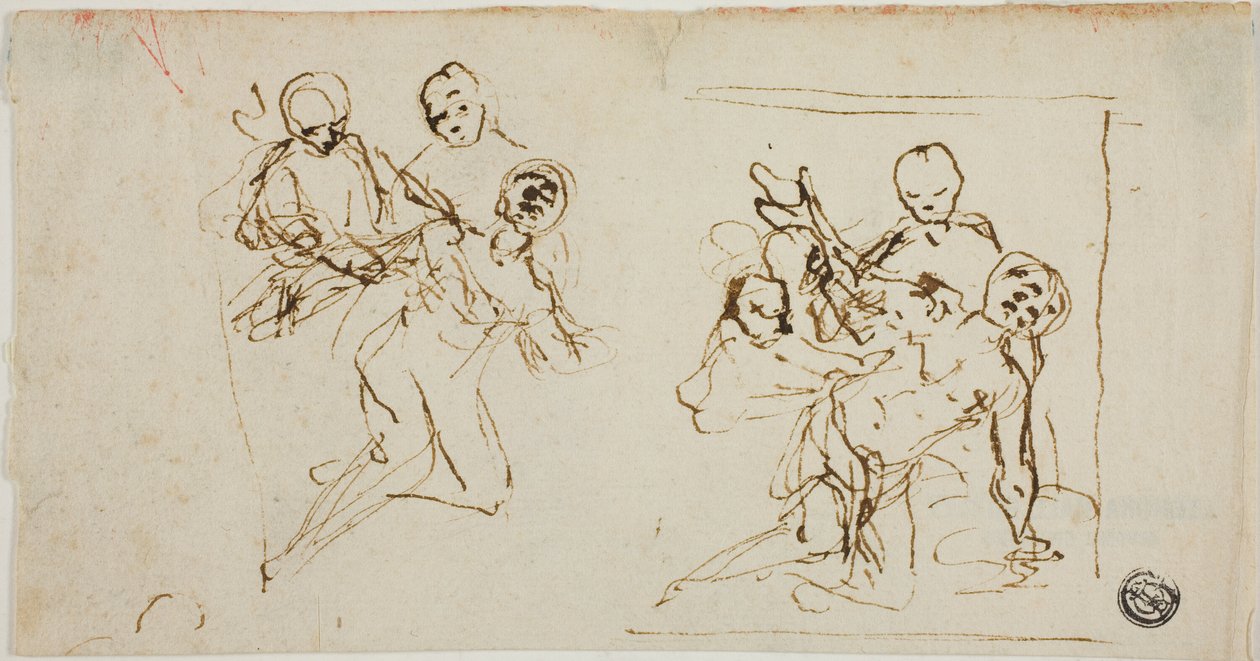 Dois esboços de composição de figura em colapso apoiada por duas outras figuras (reto); esboço de composição de figura ajoelhada acompanhada por duas outras figuras de Baldassare Franceschini