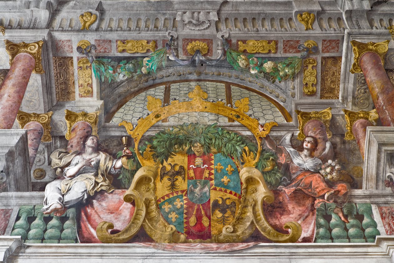 Pormenor com cornija e figuras alegóricas da decoração, Igreja de São Francisco, Sassuolo, Itália de Baldassarre & Monti Giovanni Giacomo (1620 92) Bianchi