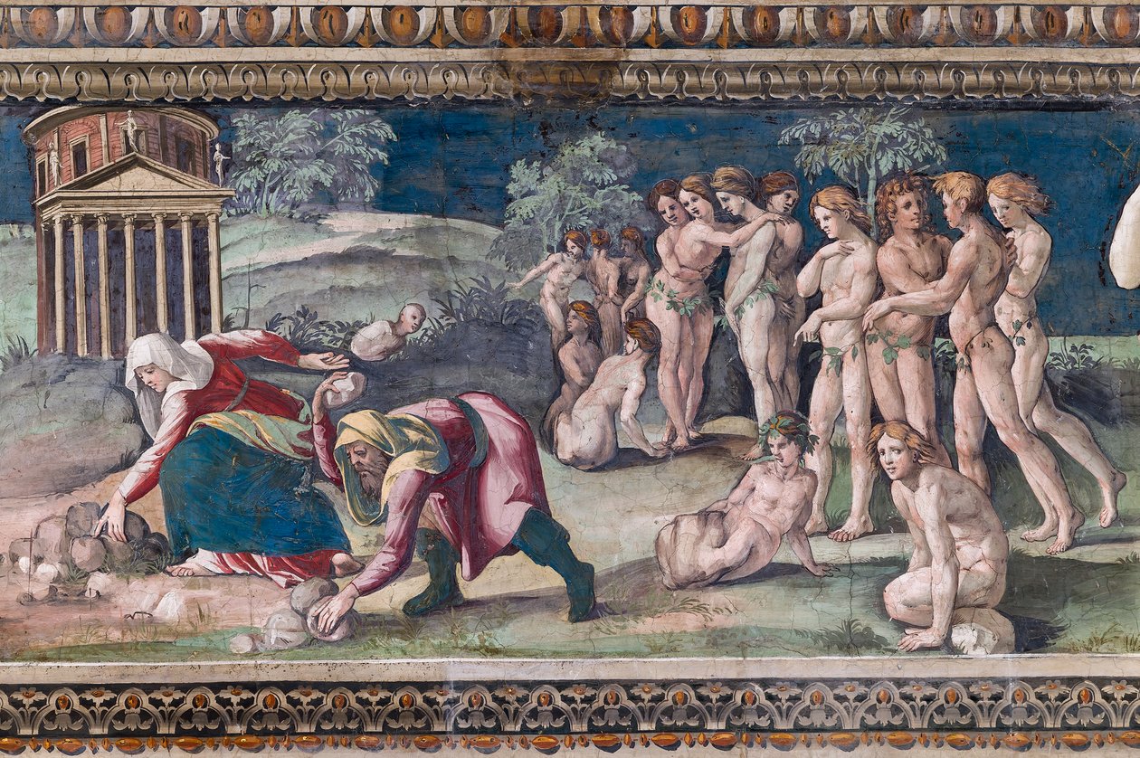 Deucalião e Pirra jogando pedras de Baldassarre Peruzzi