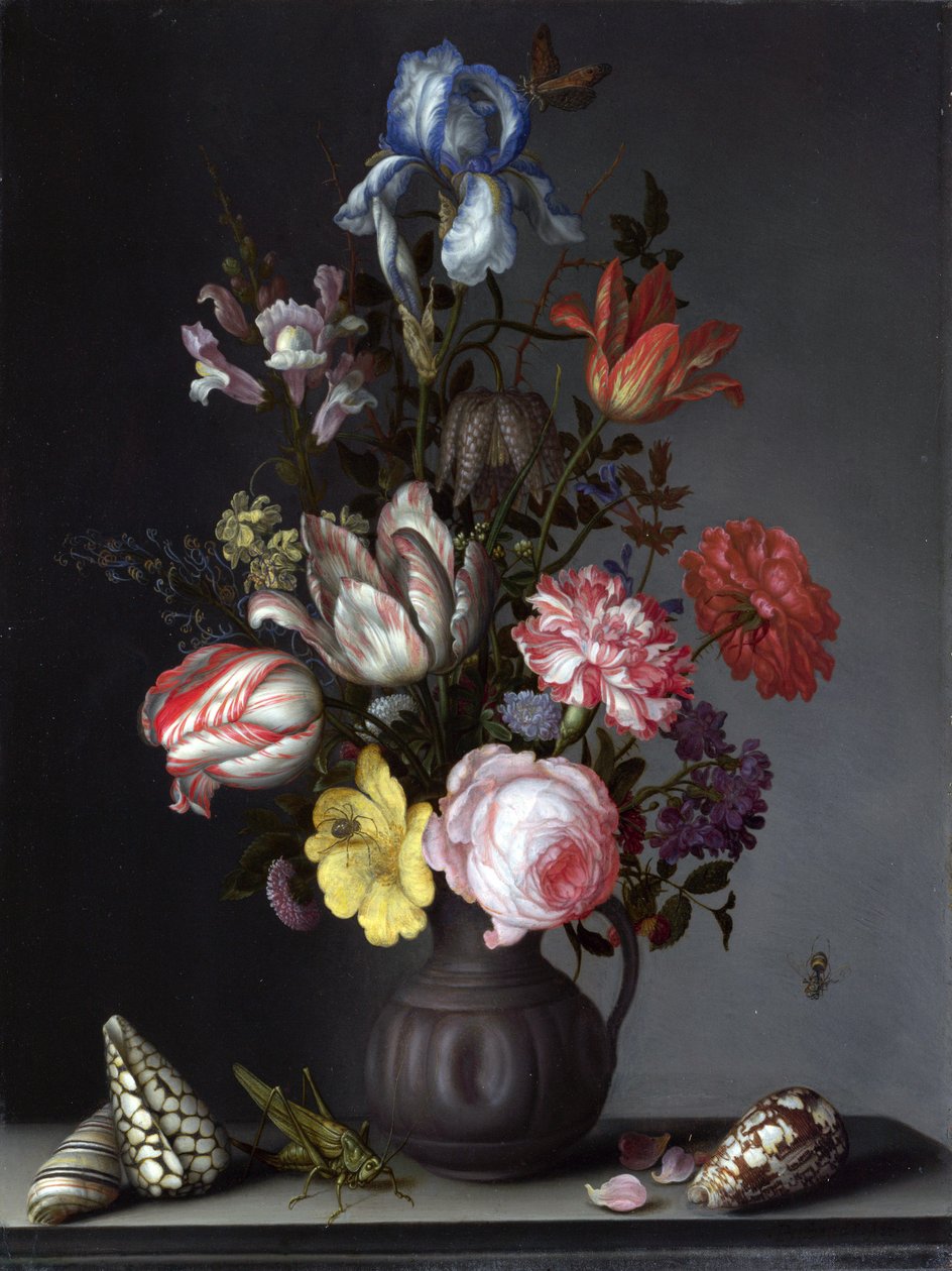 Flores em um vaso com conchas e insetos de Balthasar van der Ast