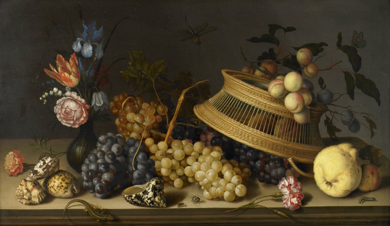 Ainda vida de flores, frutas, conchas e insetos de Balthasar van der Ast
