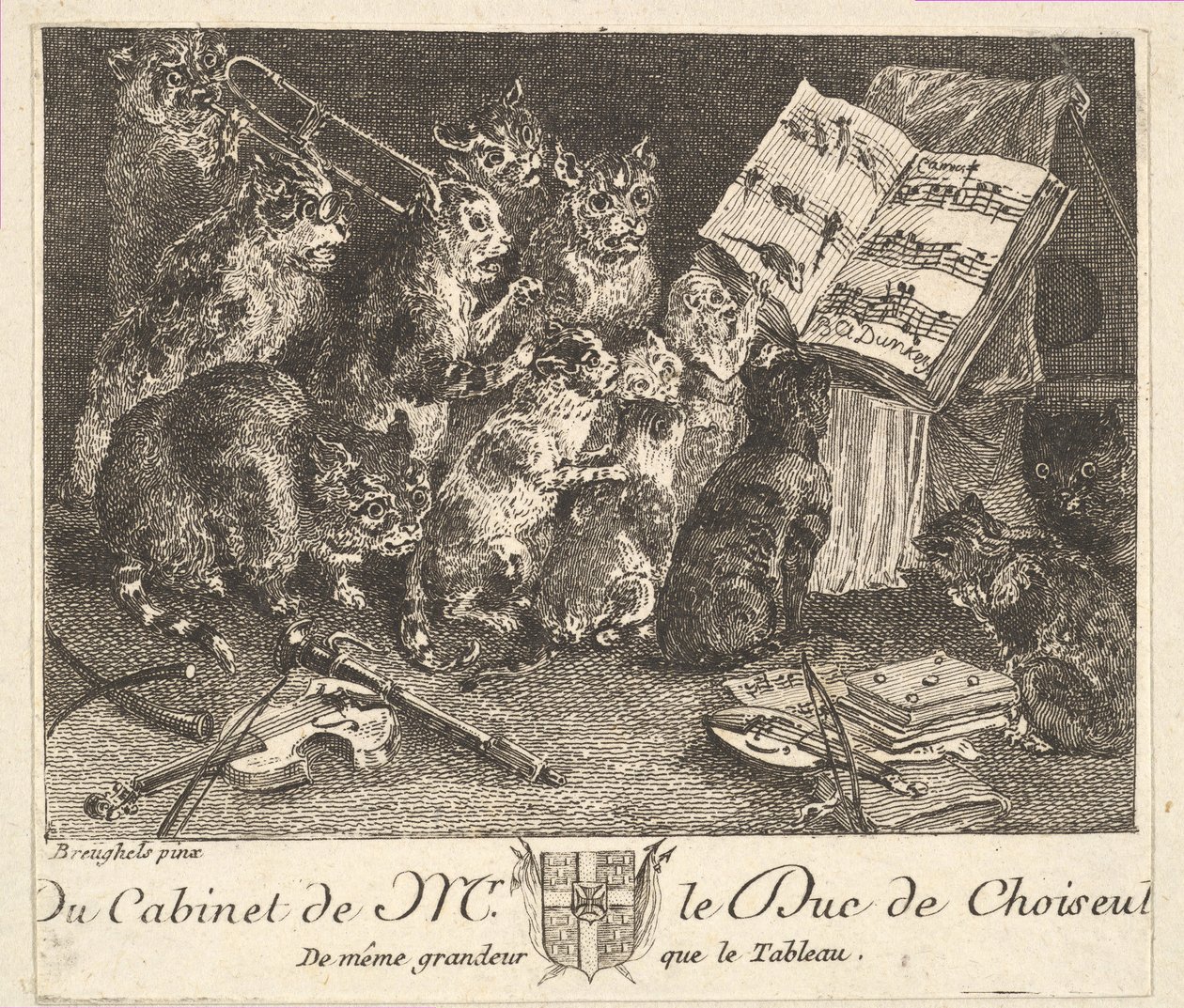 Concerto de Gatos, após a pintura na coleção do Duque de Choiseul, antes de 1771. de Balthasar Anton Dunker