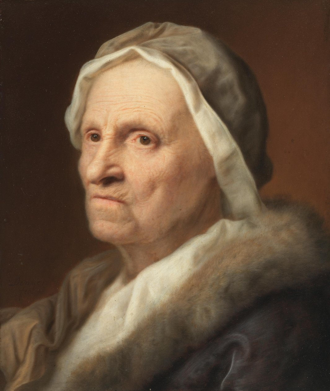 Retrato de uma mulher idosa com peles de Balthasar Denner