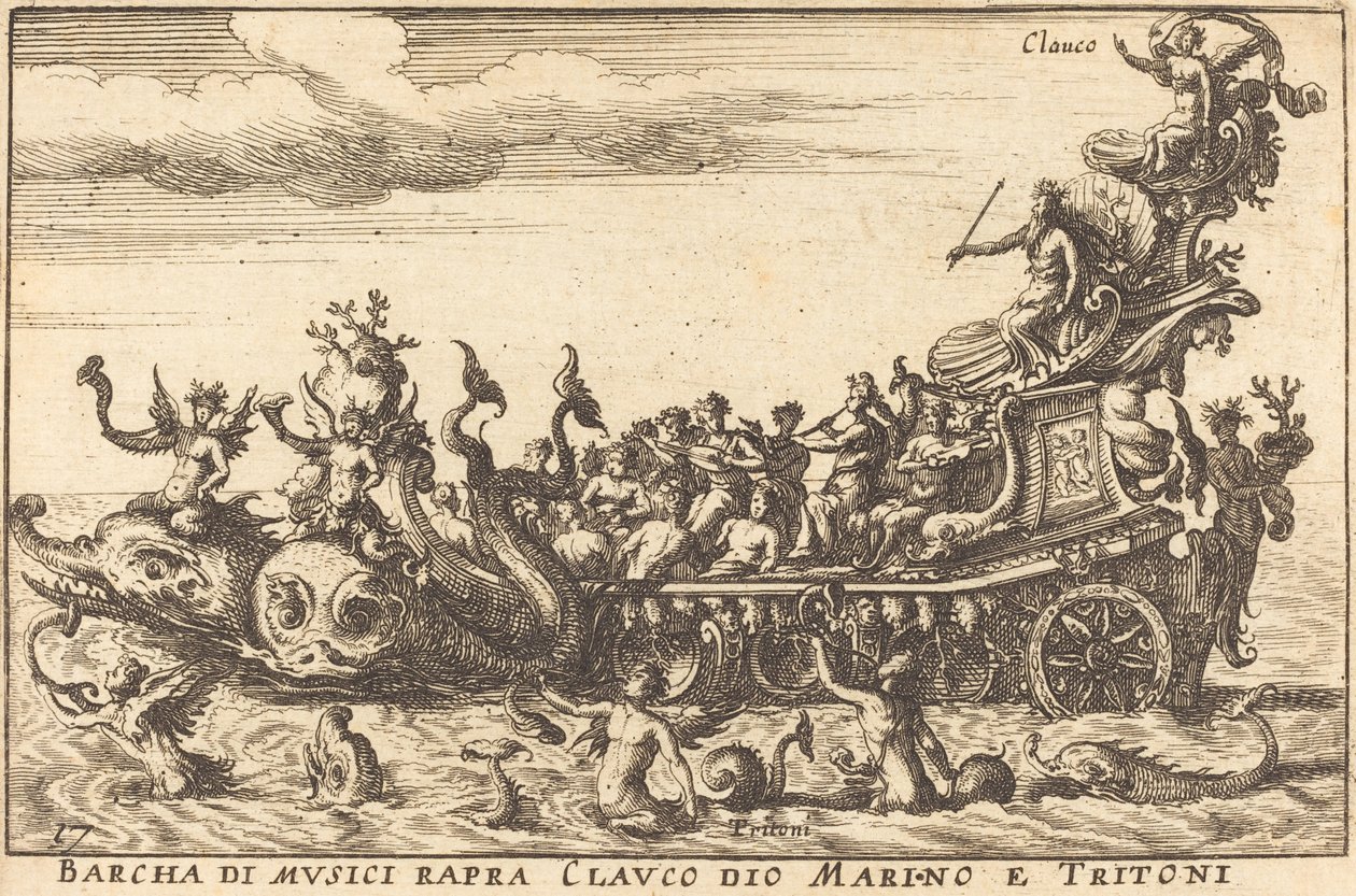 Barco dos músicos de rapra Clauco deus Marino e Tritoni de Balthasar Moncornet after Remigio Cantagallina