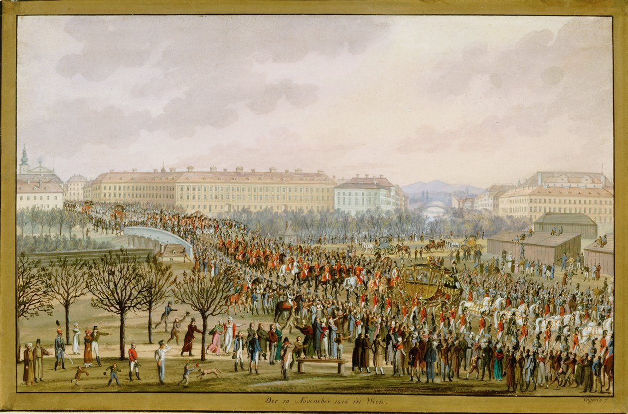 A imperatriz Karoline Augusta, quarta esposa do imperador Francisco I, entra em Viena a 10 de novembro ... (guache) de Balthasar Wigand
