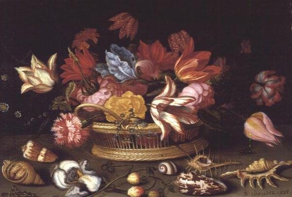 Um Cesto de Flores com Conchas em um Ledge (painel de óleo) de Balthasar van der Ast
