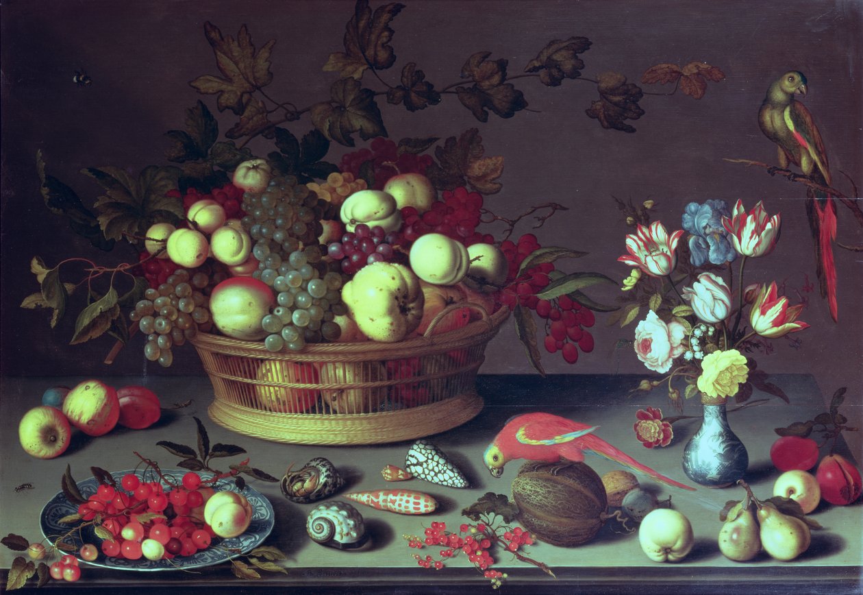 Uma cesta de uvas e outras frutas (óleo no painel) de Balthasar van der Ast