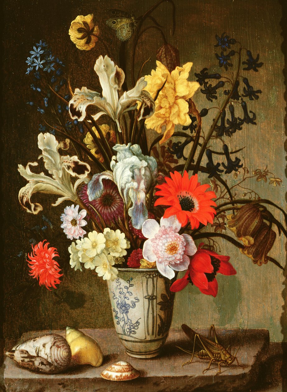 Estudo Floral com béquer, gafanhoto e conchas (óleo em painel) de Balthasar van der Ast
