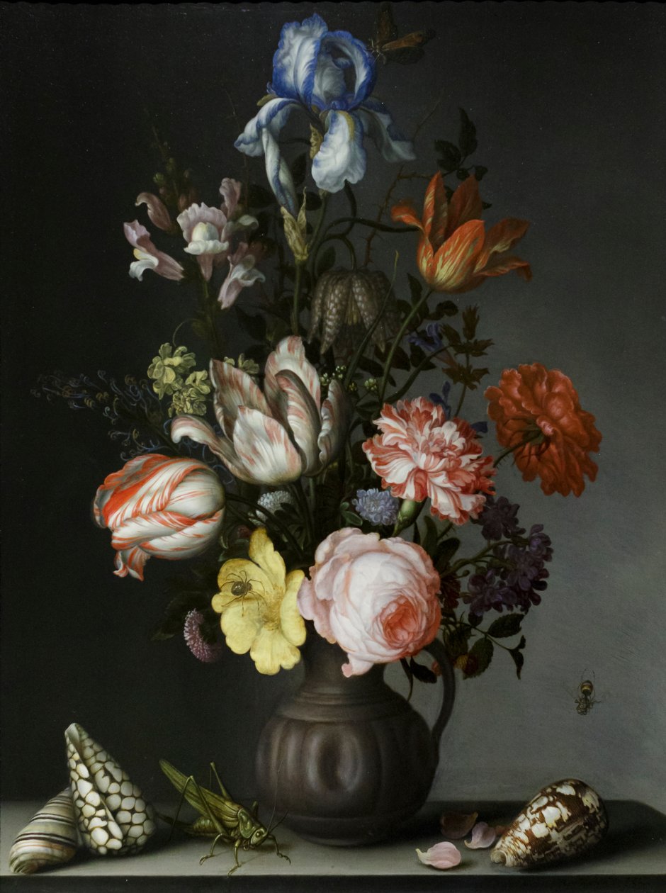 Flores num vaso com conchas e insectos, cerca de 1630 (óleo sobre carvalho) de Balthasar van der Ast