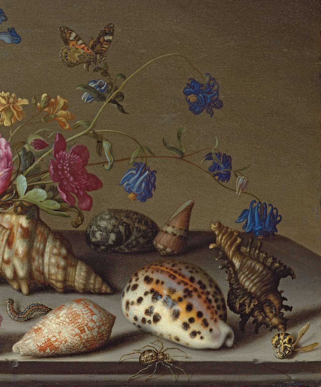 Flores, conchas e insetos em uma borda de pedra de Balthasar van der Ast
