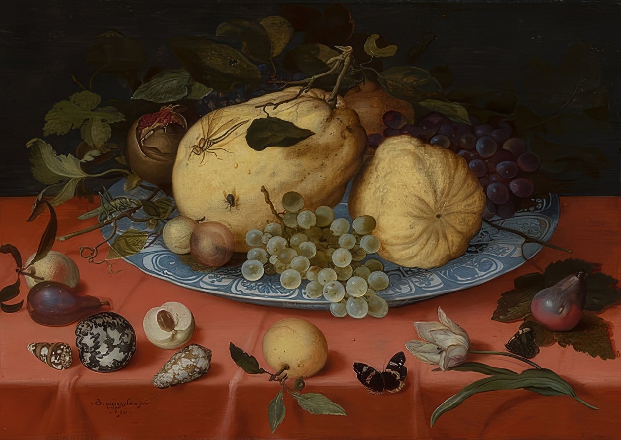 Ainda vida de frutas com mexilhões e tulipa. 1620 de Balthasar van der Ast