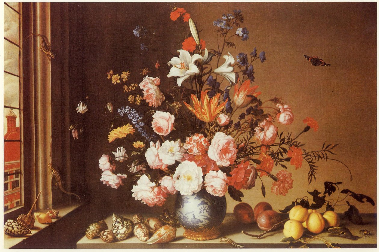 Interior com um grande ramo de flores, conchas, frutos e lagartos de Balthasar van der Ast