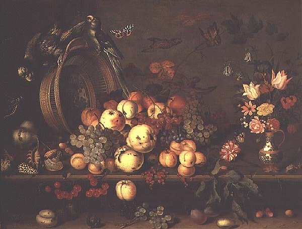 Natureza Morta com Frutas, Flores e Papagaios, início de 1620s (painel) de Balthasar van der Ast