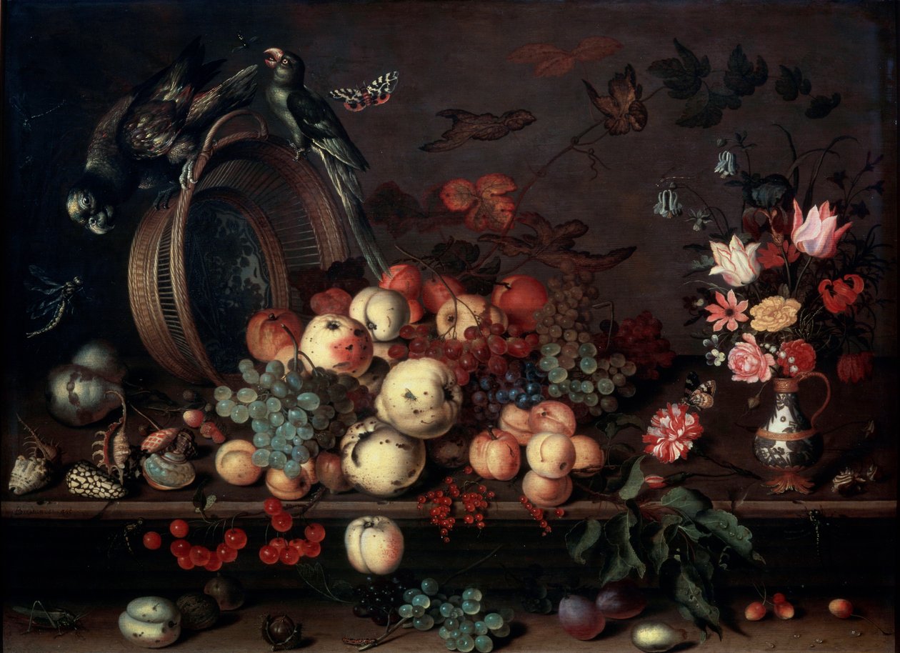 Natureza morta com frutas, flores e papagaios, década de 1620 de Balthasar van der Ast
