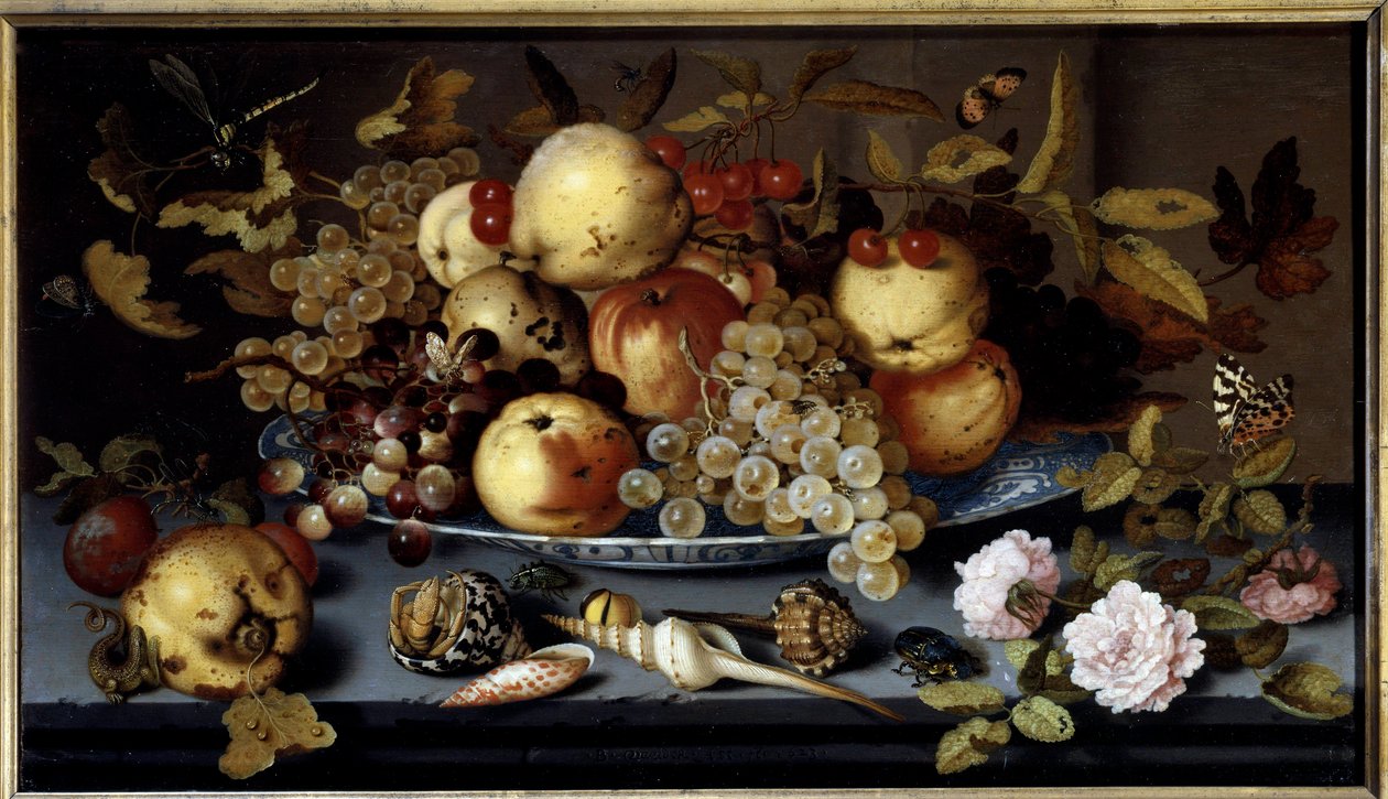 Natureza morta de frutas, flores, cascas e insetos. Pintura de Balthasar Van Der Ast (1590-1656) Ec. Hol de Balthasar van der Ast