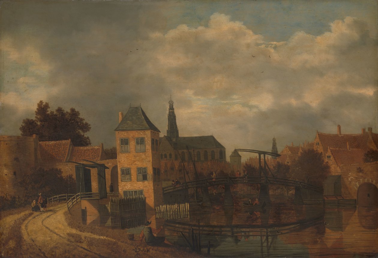 Vista da cidade de Haarlem, tirada do rio Spaarne, mostrando o Eendjespoort de Balthasar van der Veen