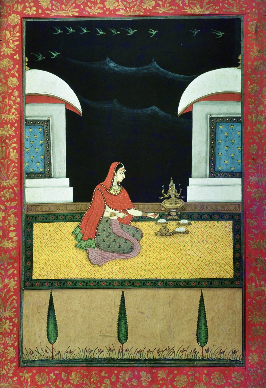 Mulher sentada em um tapete, 1750 (guache sobre papel) de Bangazi Ragini