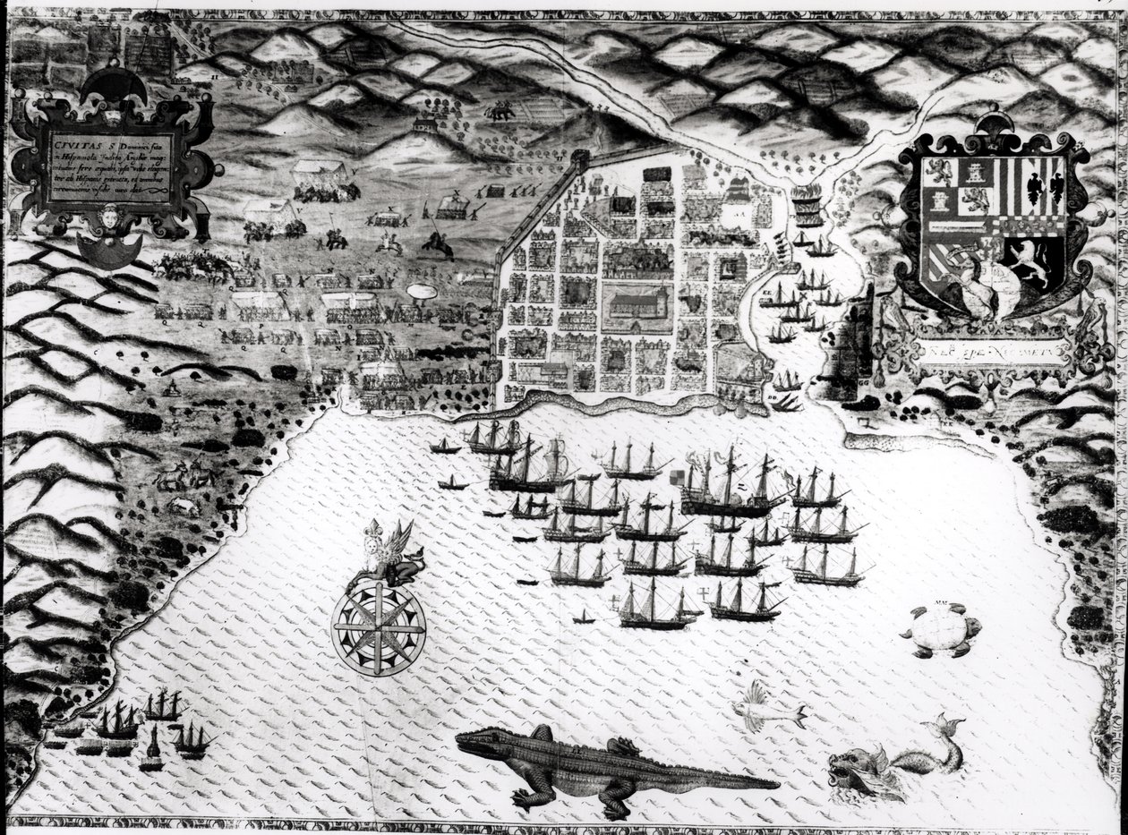 Santiago, Cabo Verde, 1589 (gravura colorida à mão) de Baptista Boazio