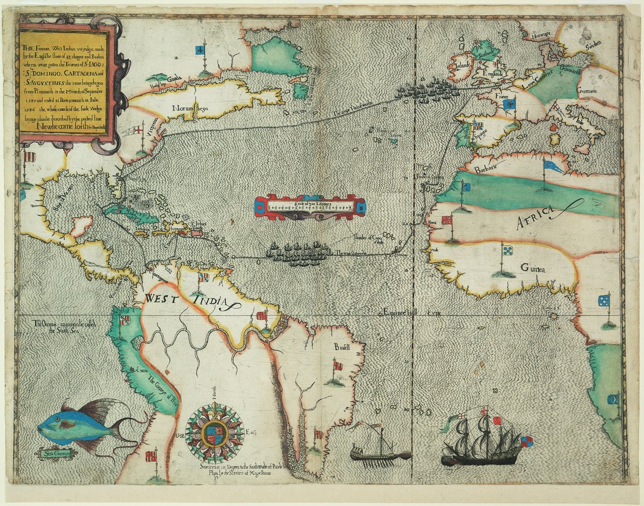 A famosa viagem às Índias Ocidentais efectuada pela frota inglesa de 23 navios e barcos de Baptista Boazio