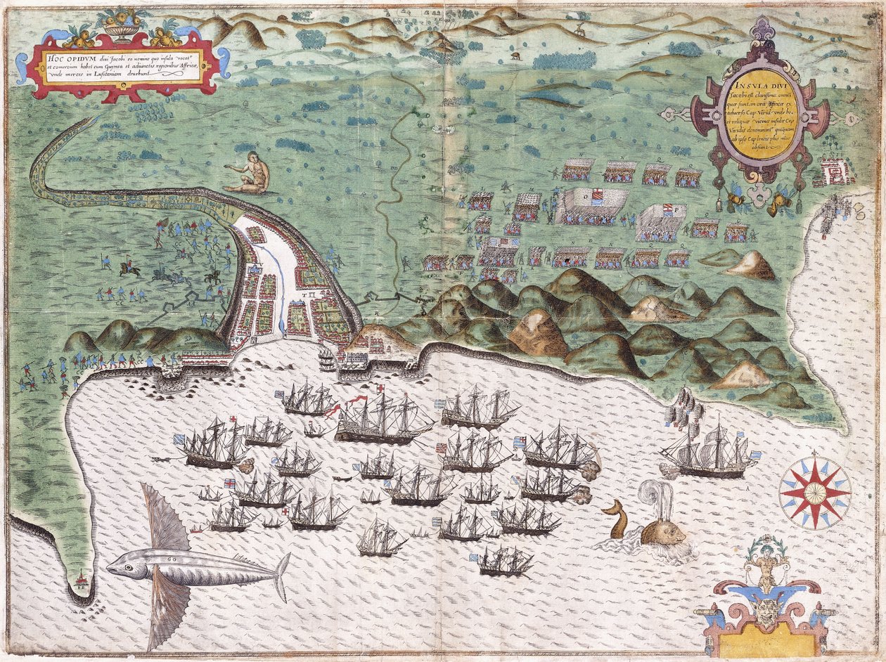 Plano de Santiago, Ilhas Cabo Verde, mostrando o ataque de Sir Francis Drake ao forte espanhol em 17 de novembro de 1585, c.1588-9 de Baptista Boazio