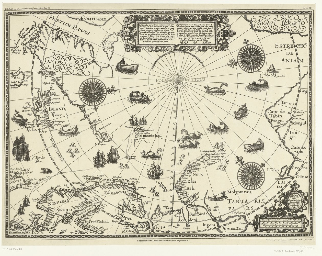Mapa dos países à volta do Círculo Polar Ártico com as três viagens dos holandeses em 1598 de Baptista van (after) Doetechum