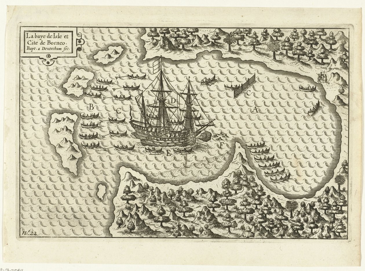 Chegada a Bornéu, 1600 La baye de Isle et Cite de Borneo (título no objeto), RP-P-OB-75.411 de Baptista van Doetechum