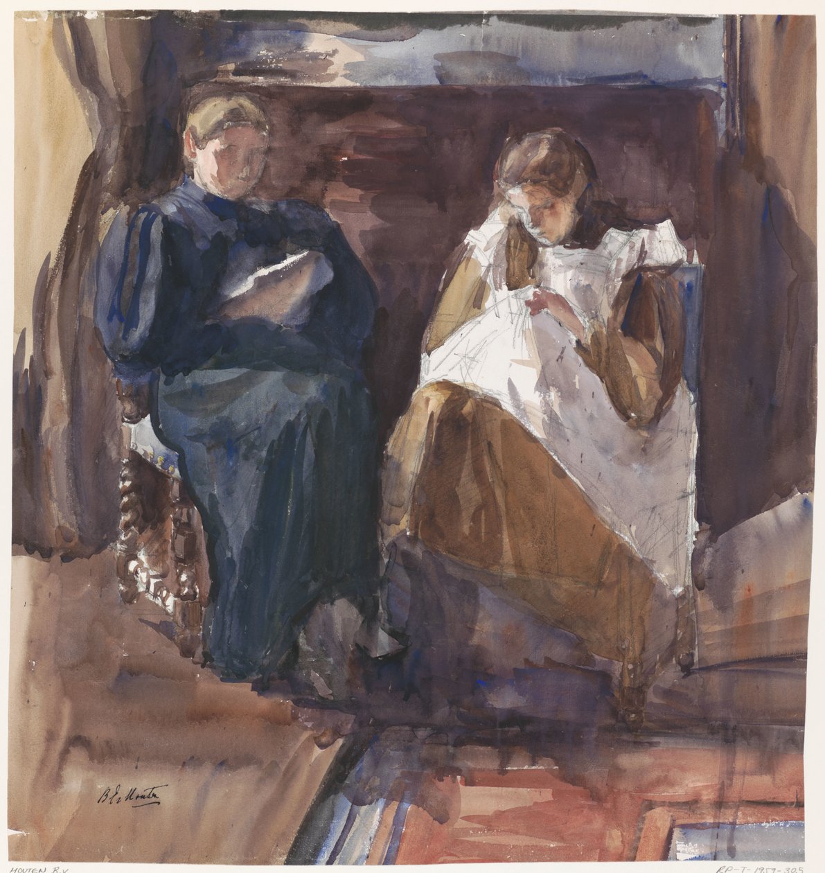 Senhora leitora e bordadeira, vistas de frente, na casa de 6 Riouwstraat, em Haia de Barbara Elisabeth van Houten