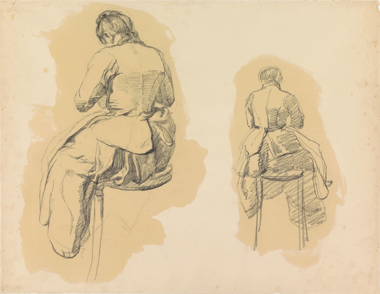 Dois estudos de uma mulher sentada num banco, vista de trás de Barbara Elisabeth van Houten