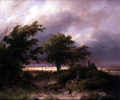 Uma paisagem arborizada com uma vista distante do Cleve (óleo sobre tela) de Barend Cornelis Koekkoek
