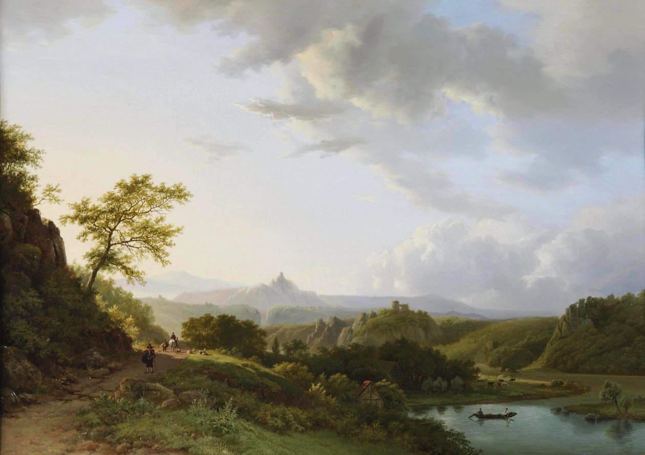 Uma paisagem panorâmica de verão com viajantes e uma ruína de castelo ao longe de Barend Cornelis Koekkoek