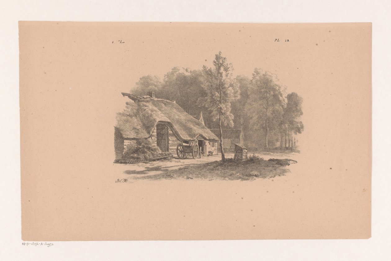 casa de fazenda com carrinho A paisagem estuda a sexta parcela (título da série) de Barend Cornelis Koekkoek