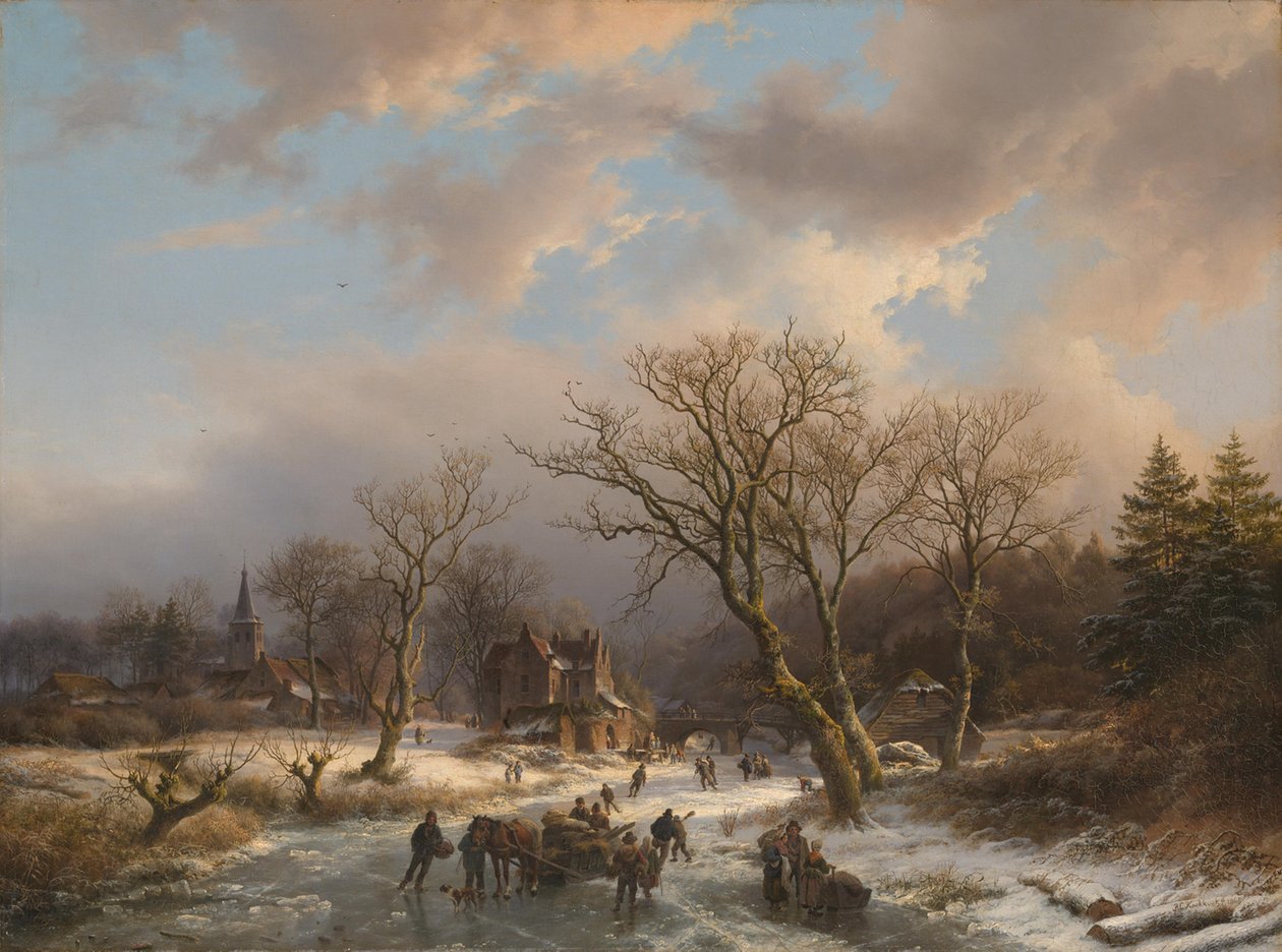 Uma aldeia e um edifício antigo numa paisagem arborizada junto a uma massa de água gelada de Barend Cornelis Koekkoek
