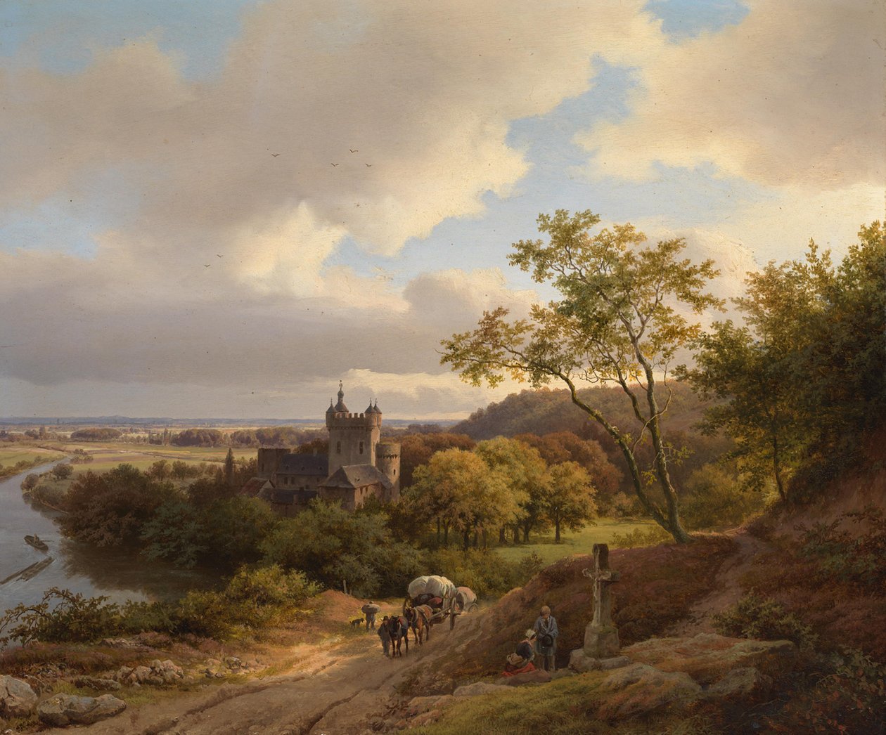 Um castelo entre árvores junto a um rio de Barend Cornelis Koekkoek