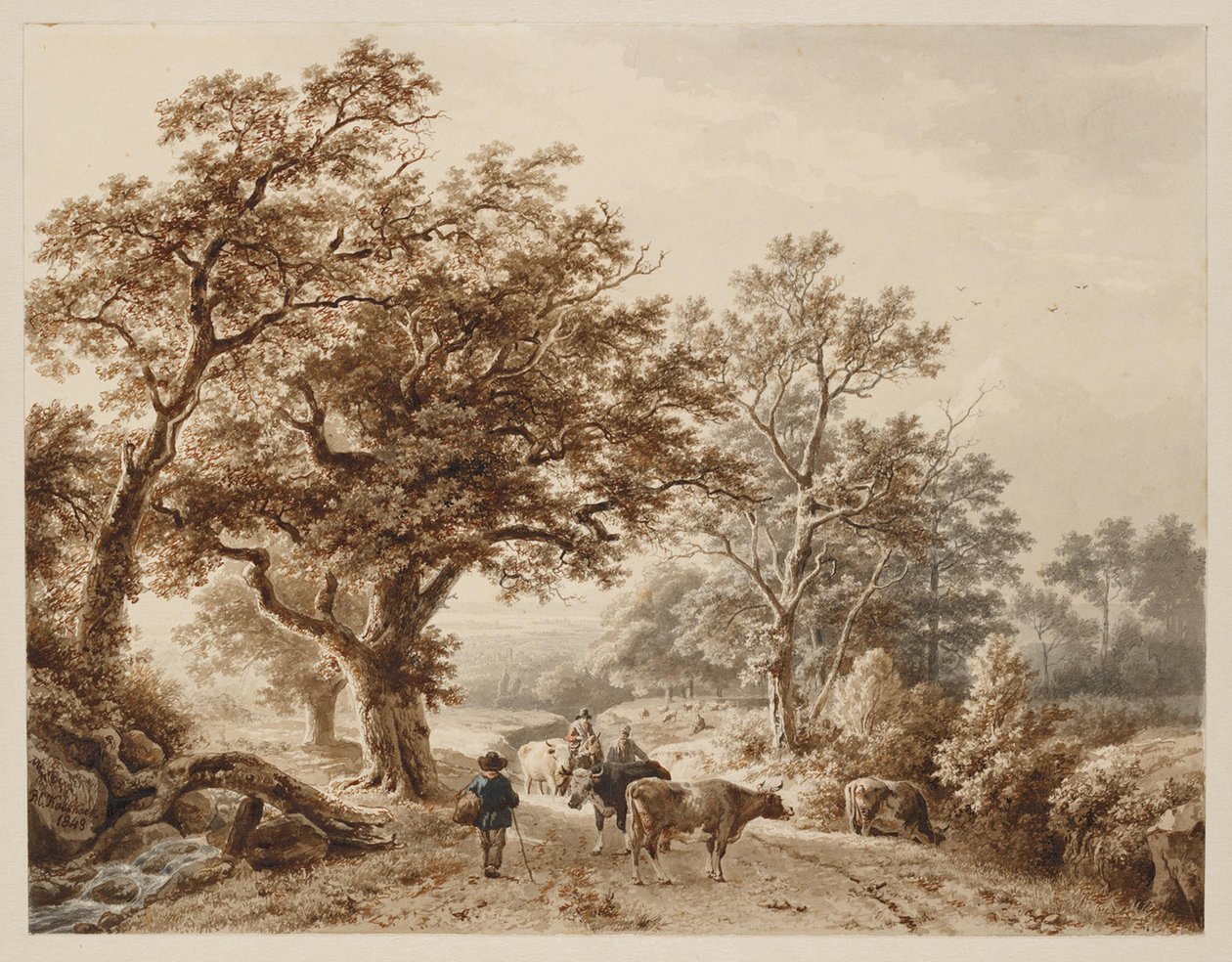 Uma paisagem com denso bosque de carvalhos, povoada por gado e figuras de Barend Cornelis Koekkoek