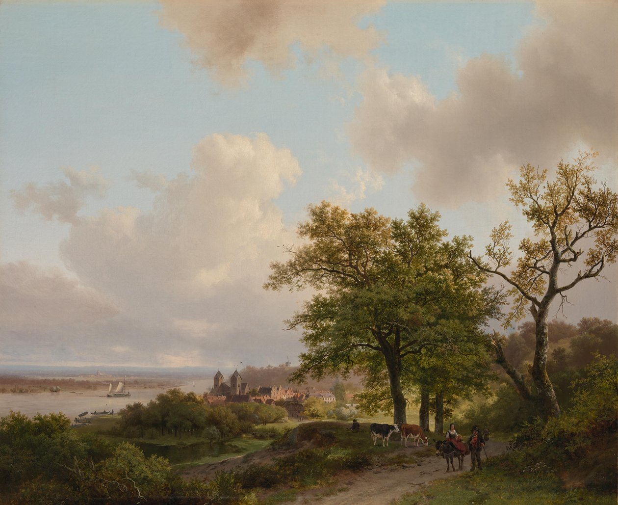Uma cidade junto a um rio vista de uma elevação de Barend Cornelis Koekkoek