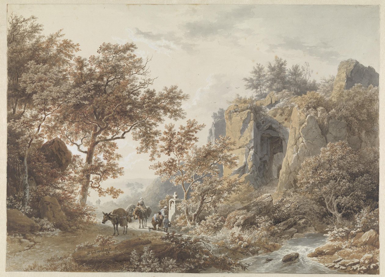 Numa paisagem rochosa, camponeses rezam diante de uma capela de Barend Cornelis Koekkoek