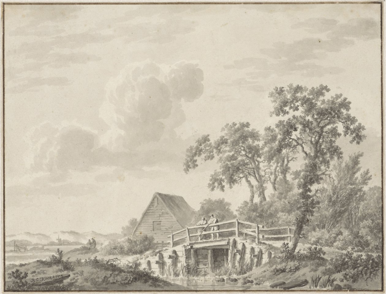 Paisagem na beira da duna com um pescador de Barend Cornelis Koekkoek