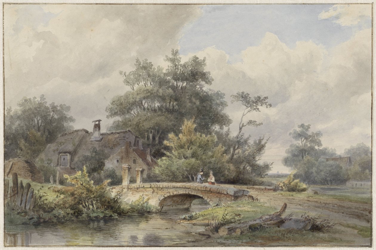 Paisagem com ponte de pedra perto de uma casa de Barend Cornelis Koekkoek