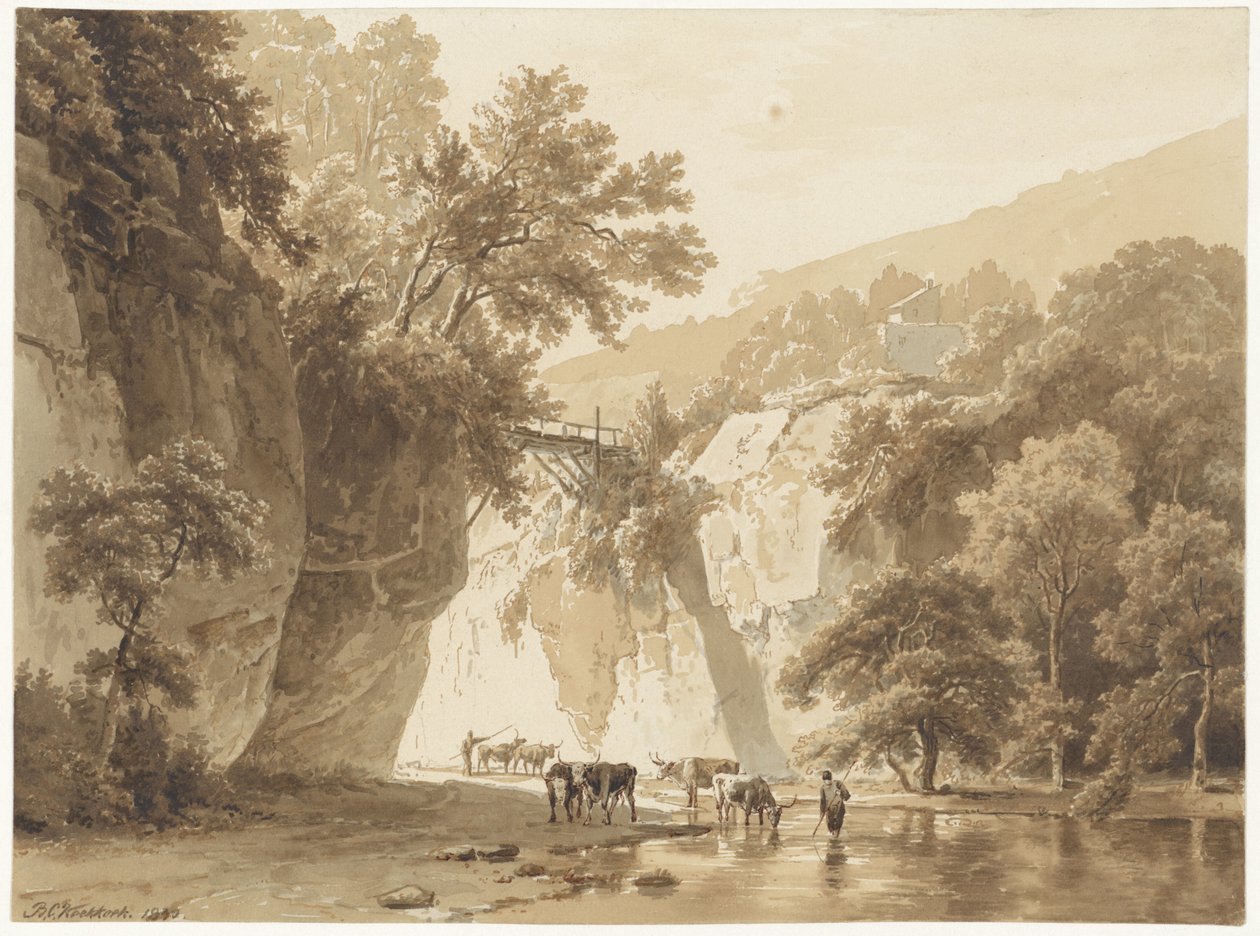 Paisagem rochosa com vacas bebendo de Barend Cornelis Koekkoek