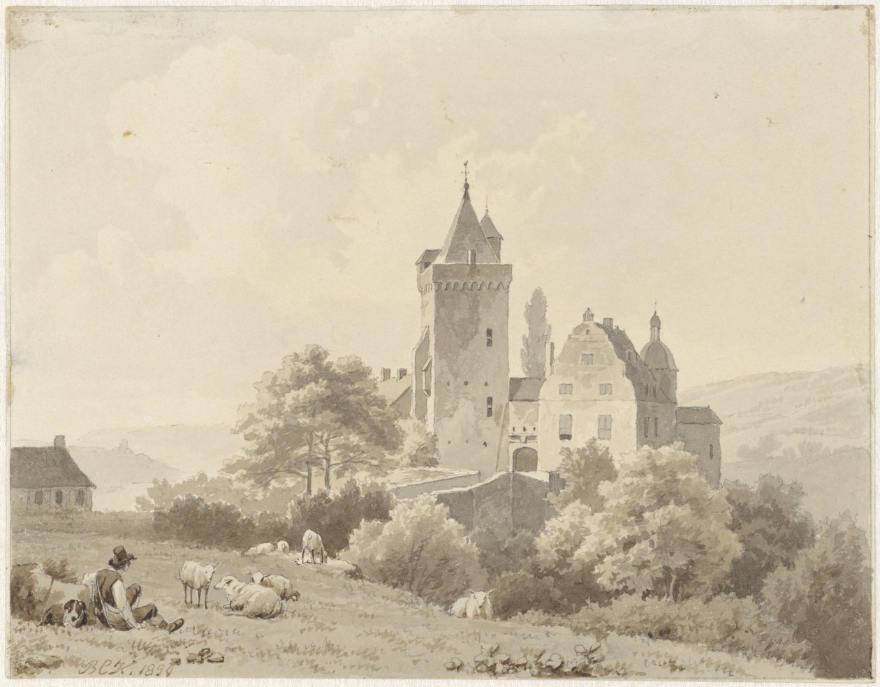 Descansando pastor no Schloss Lansberg de Barend Cornelis Koekkoek