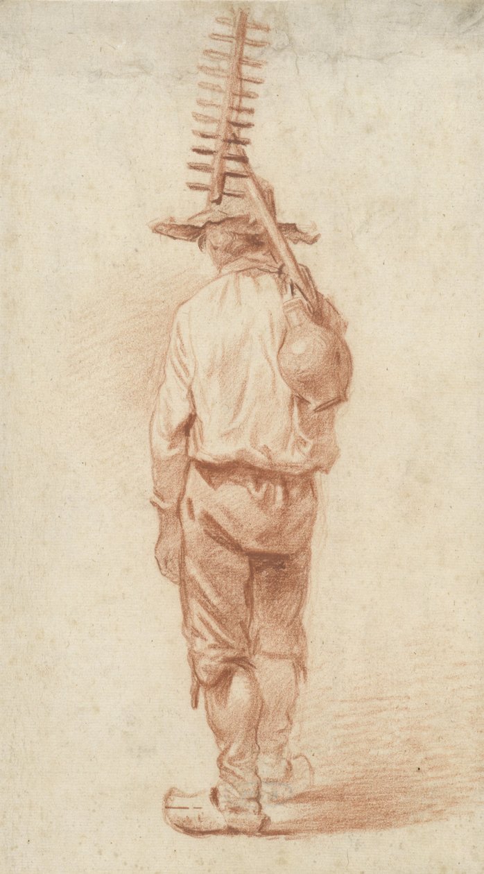 Agricultor de pé com ancinho com jarro sobre o ombro, visto por trás de Barend Cornelis Koekkoek
