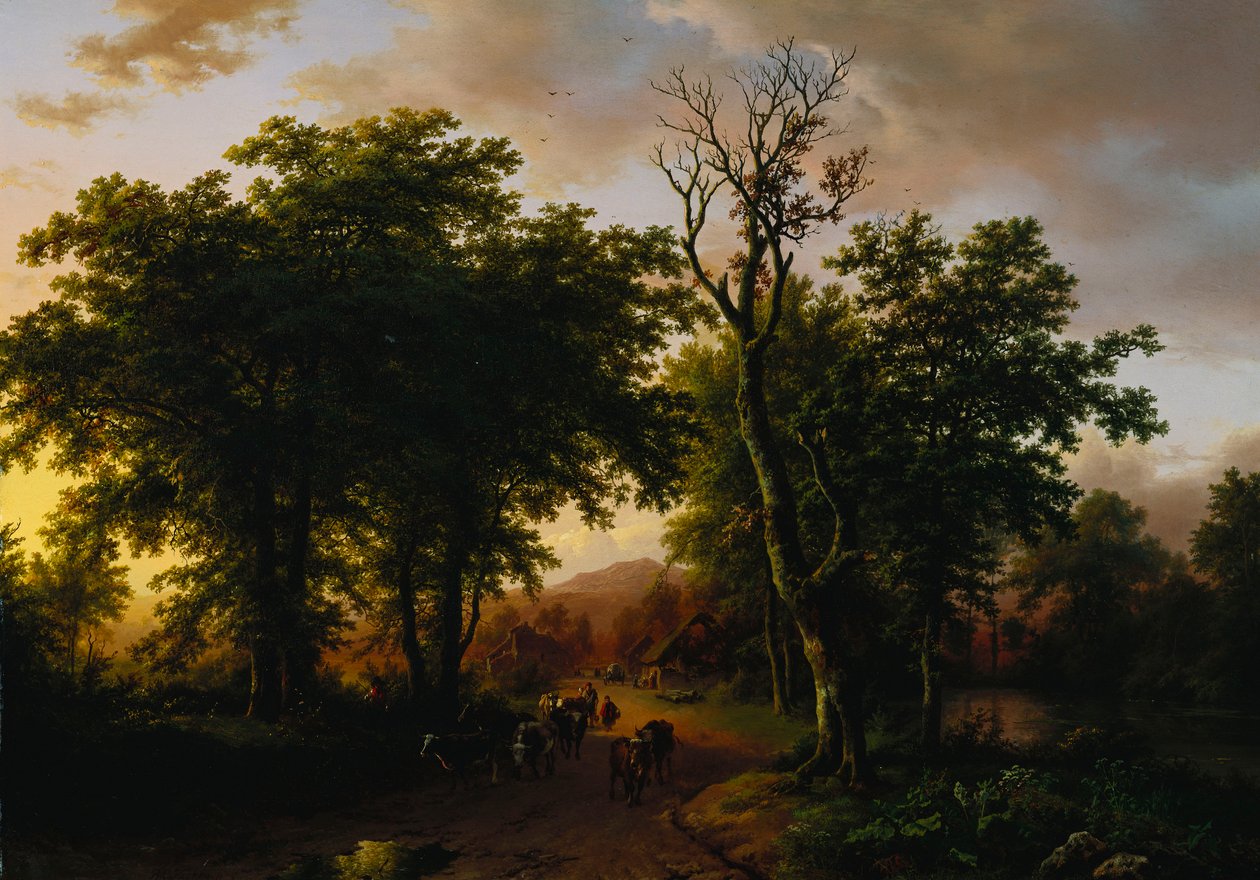 Viajantes em um caminho ao pôr do sol de Barend Cornelis Koekkoek
